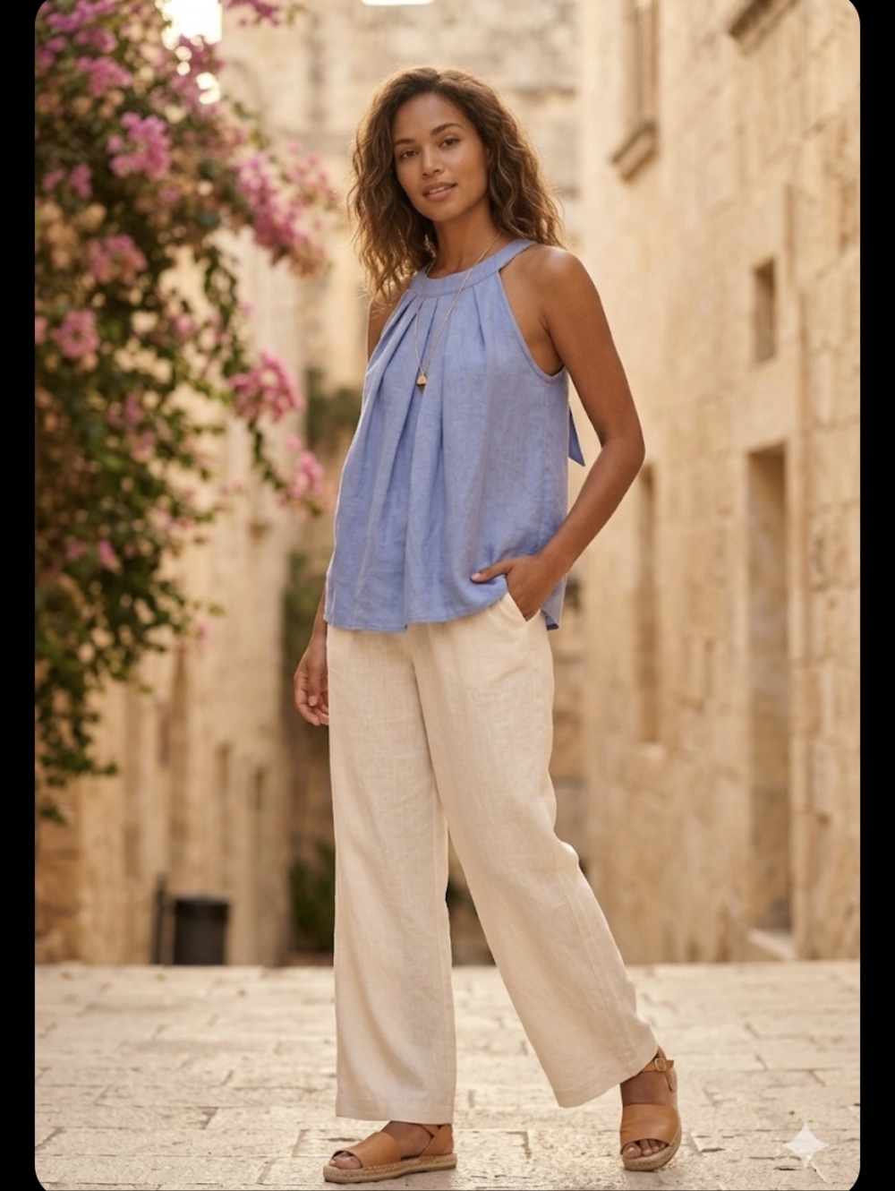 NWT Bellambra | 100% Linen Blue Pleated Halter Top Bow Back Size Medium